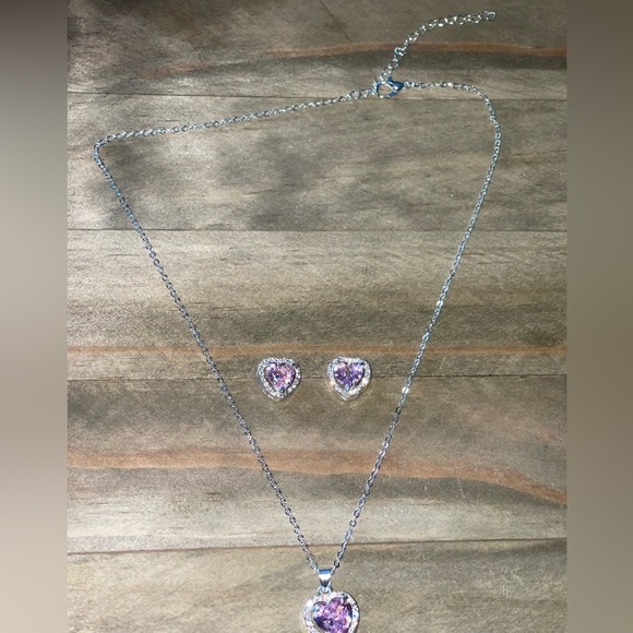 Pink Cubic Zirconia Heart 3 Piece Jewelry Set Pendant Silver Necklace Earrings - Picture 9 of 14